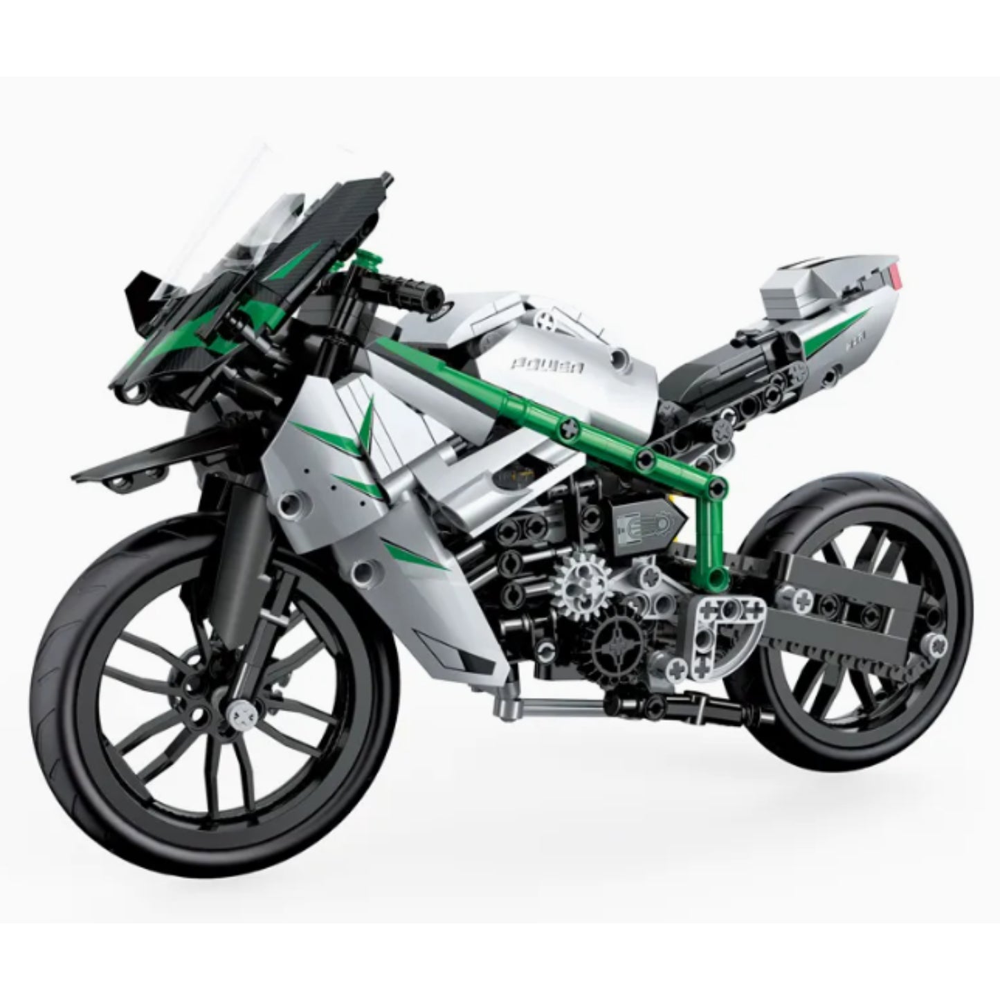 Moto G P modelo Lego en vista lateral, color plata y verde, detalle de ensamblaje