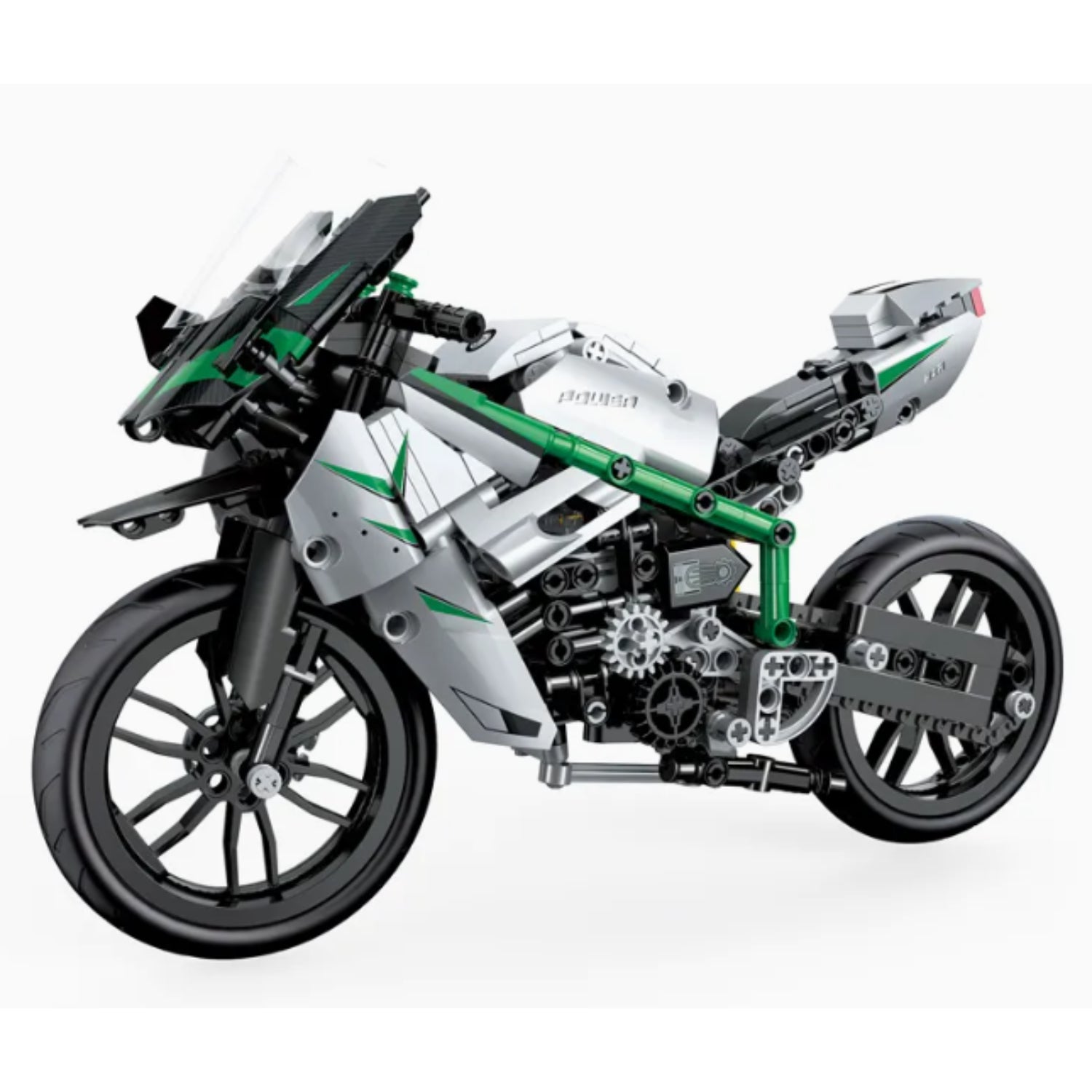 Moto G P modelo Lego en vista lateral, color plata y verde, detalle de ensamblaje