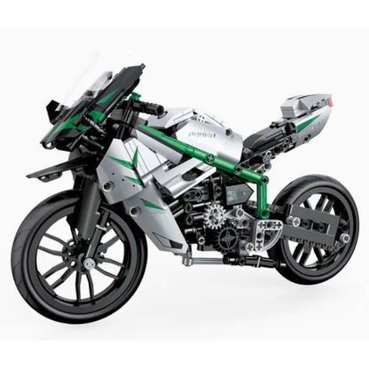 Moto G P modelo Lego en vista lateral, color plata y verde, detalle de ensamblaje