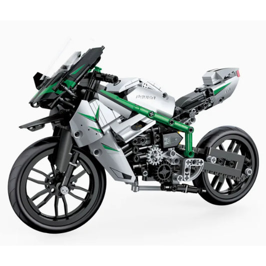 Moto G P modelo Lego en vista lateral, color plata y verde, detalle de ensamblaje