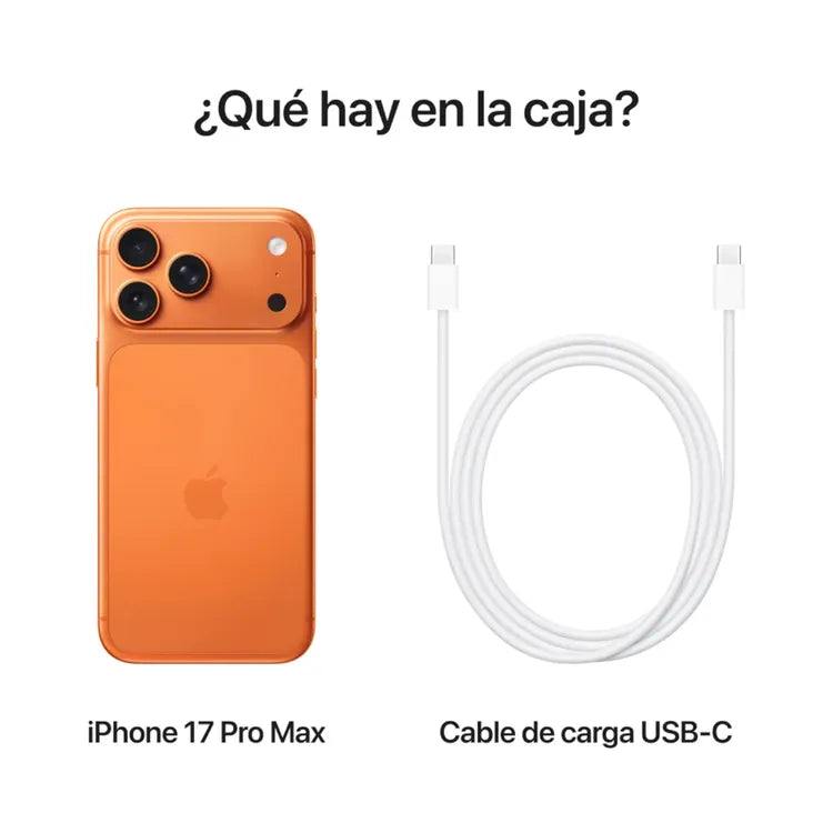 iPhone 17 Pro Max naranja con cable de carga USB-C, detalles de compra en Honduras