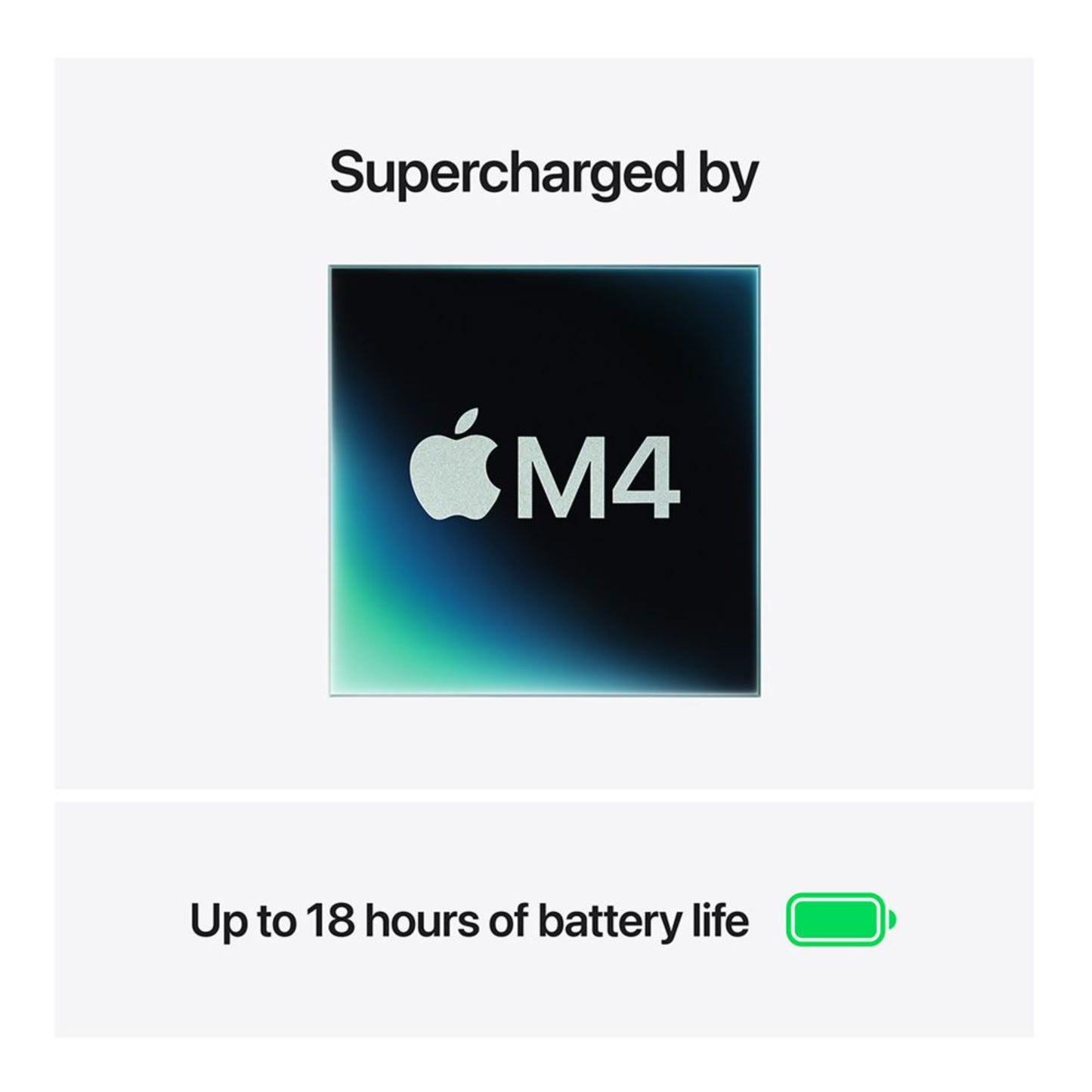 Logo Apple M4 en fondo colorido, destaca batería de hasta 18 horas