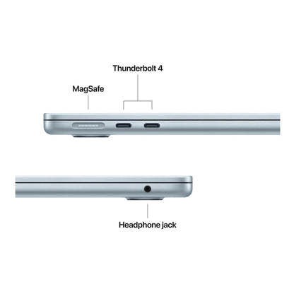 MacBook Air 2024 en plata, vista lateral mostrando puertos y conector de auriculares