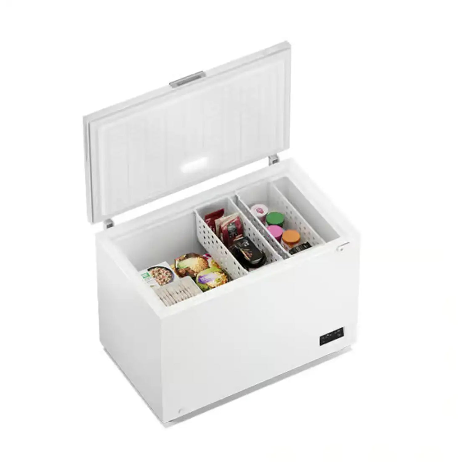 Congelador horizontal Frigidaire blanco, vista superior con alimentos organizados