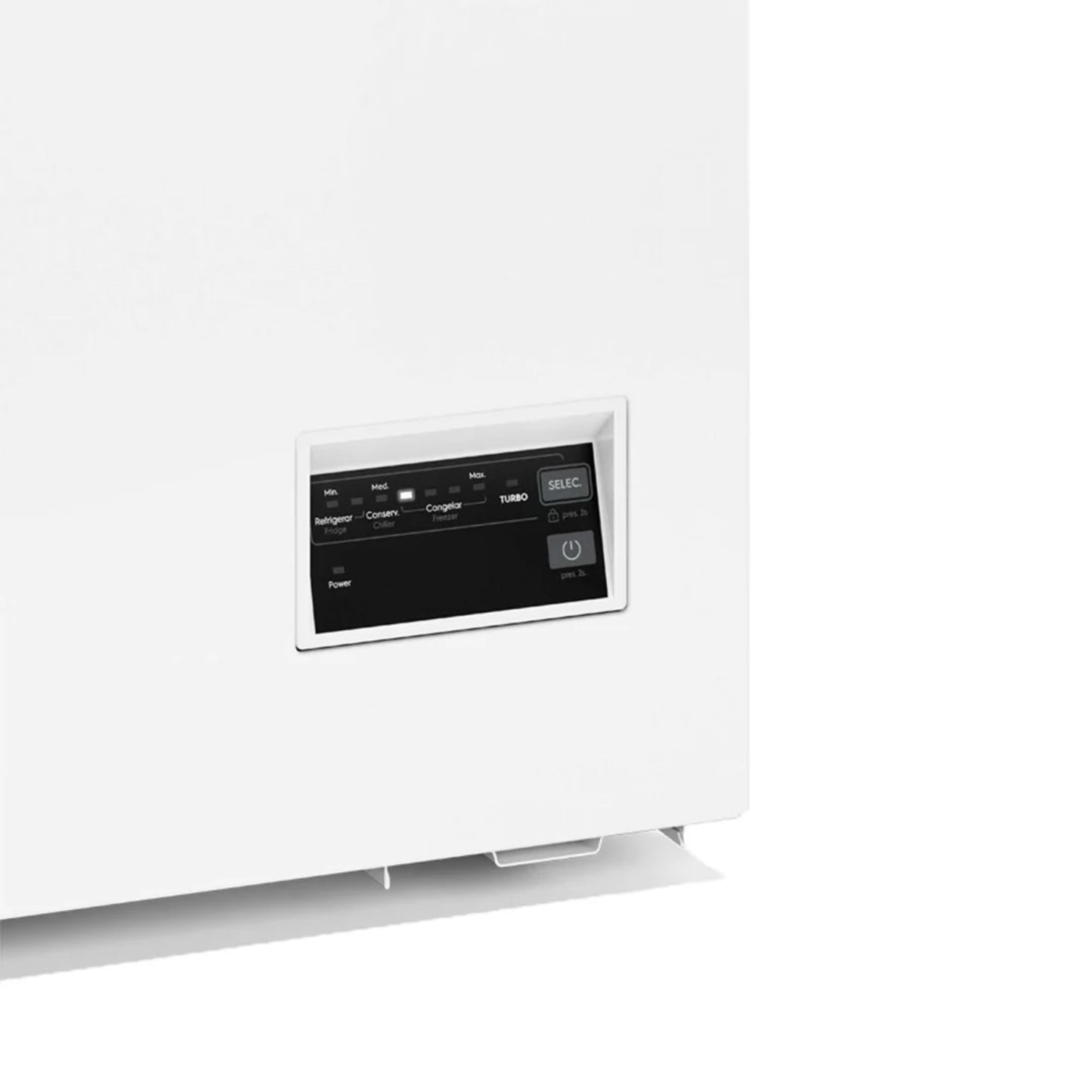 Frigorífico Frigidaire blanco con panel de control frontal, diseño moderno
