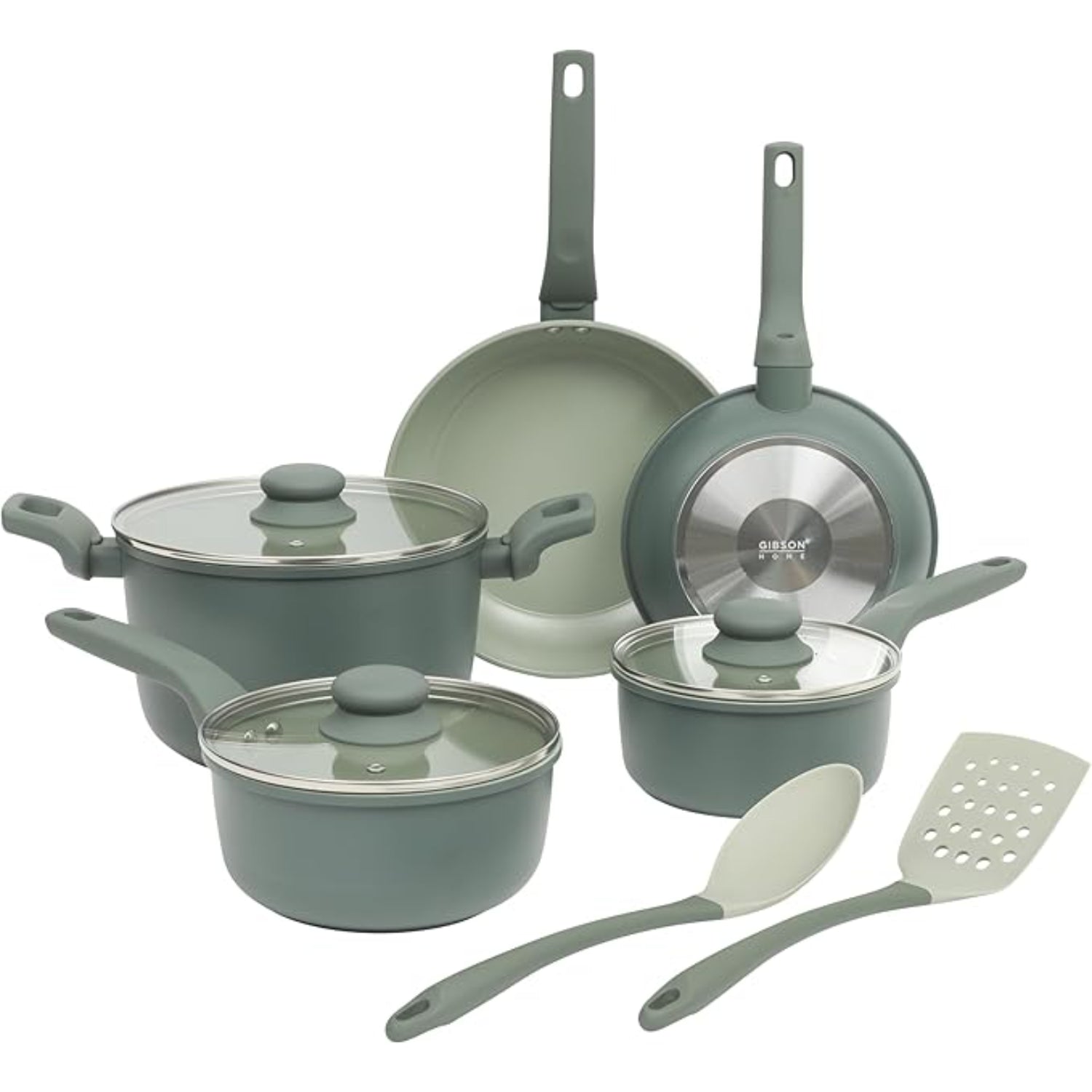 Juego de ollas verde claro con utensilios de cocina, vista frontal