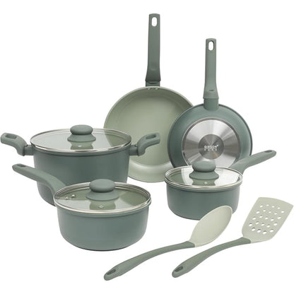 Juego de ollas verde claro con utensilios de cocina, vista frontal