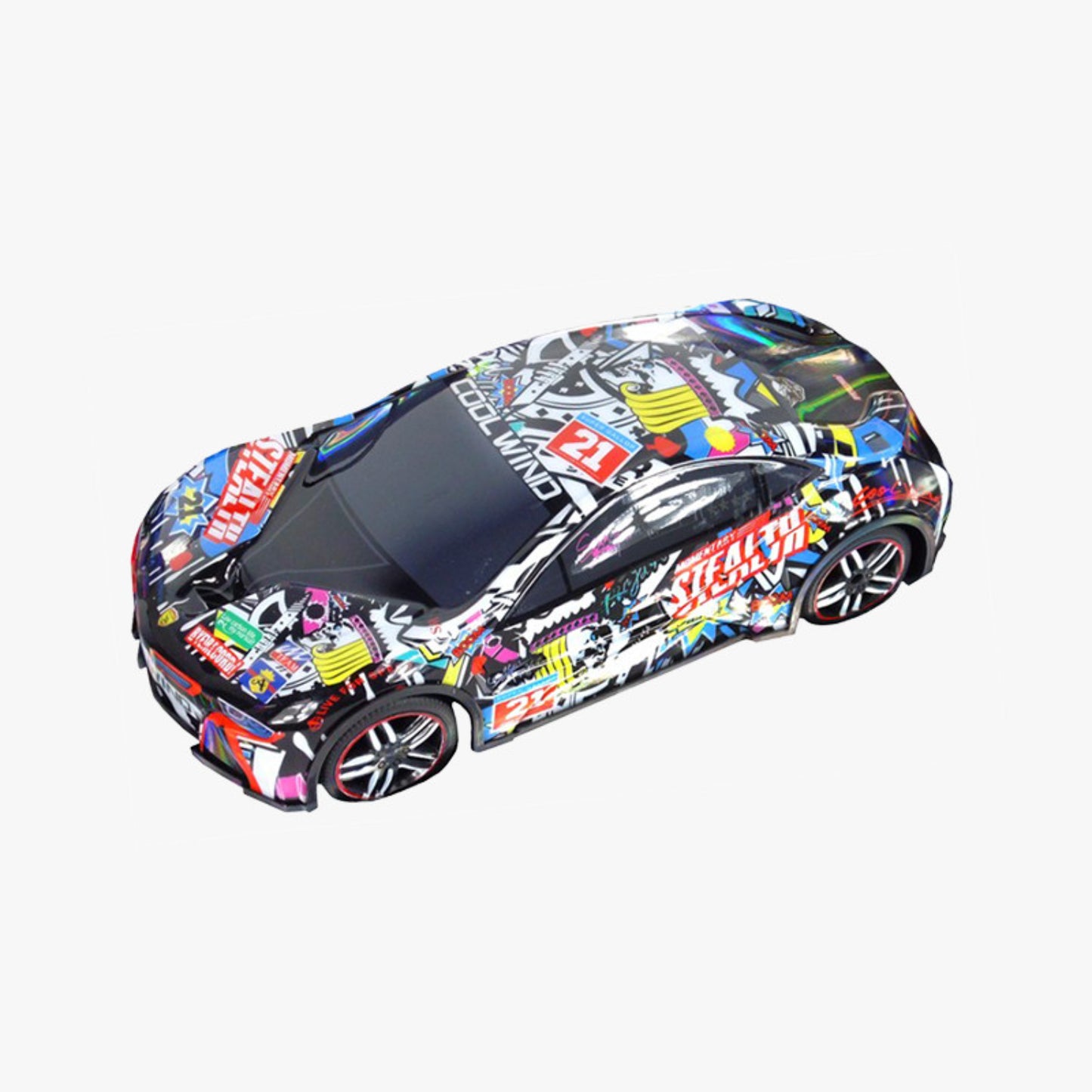 Coche de juguete a control remoto supremo, diseño colorido y detallado, vista superior