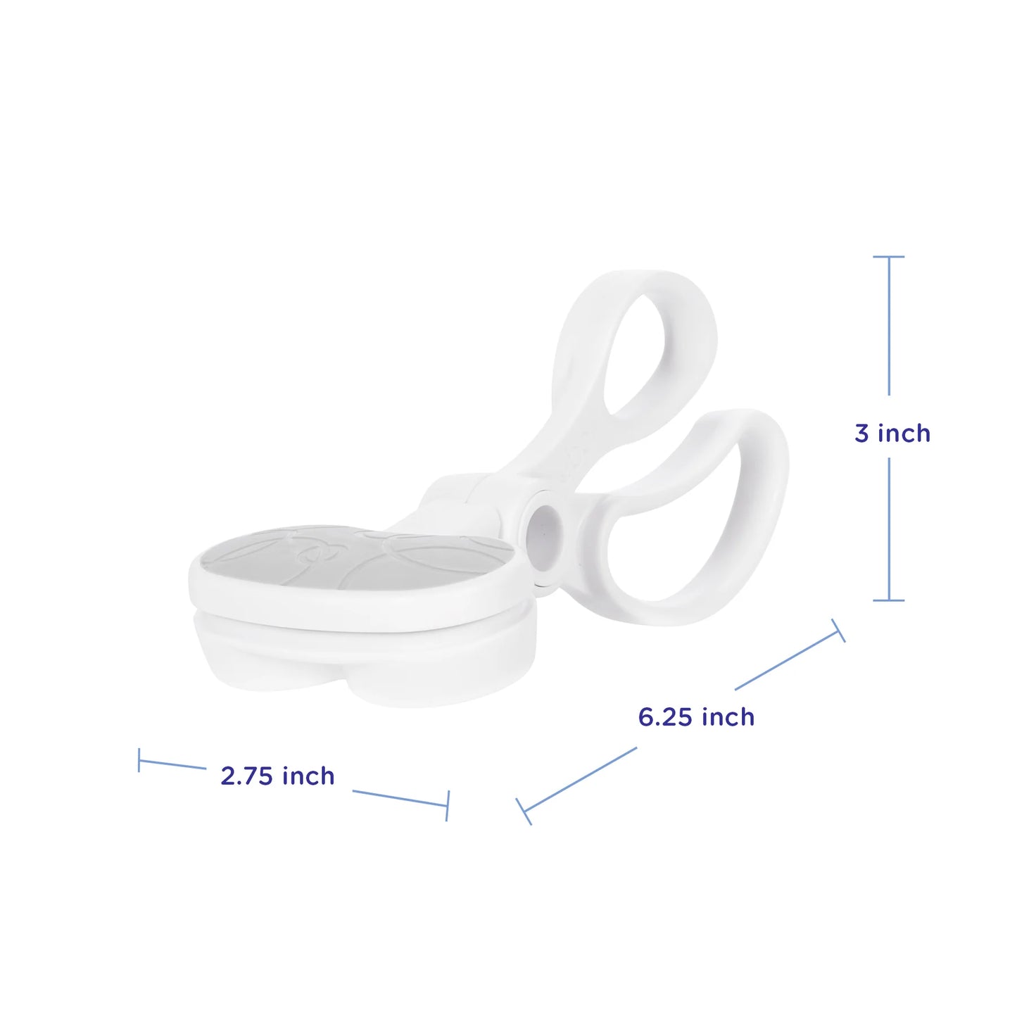 Pinza blanca UBBI, vista lateral, medidas en pulgadas