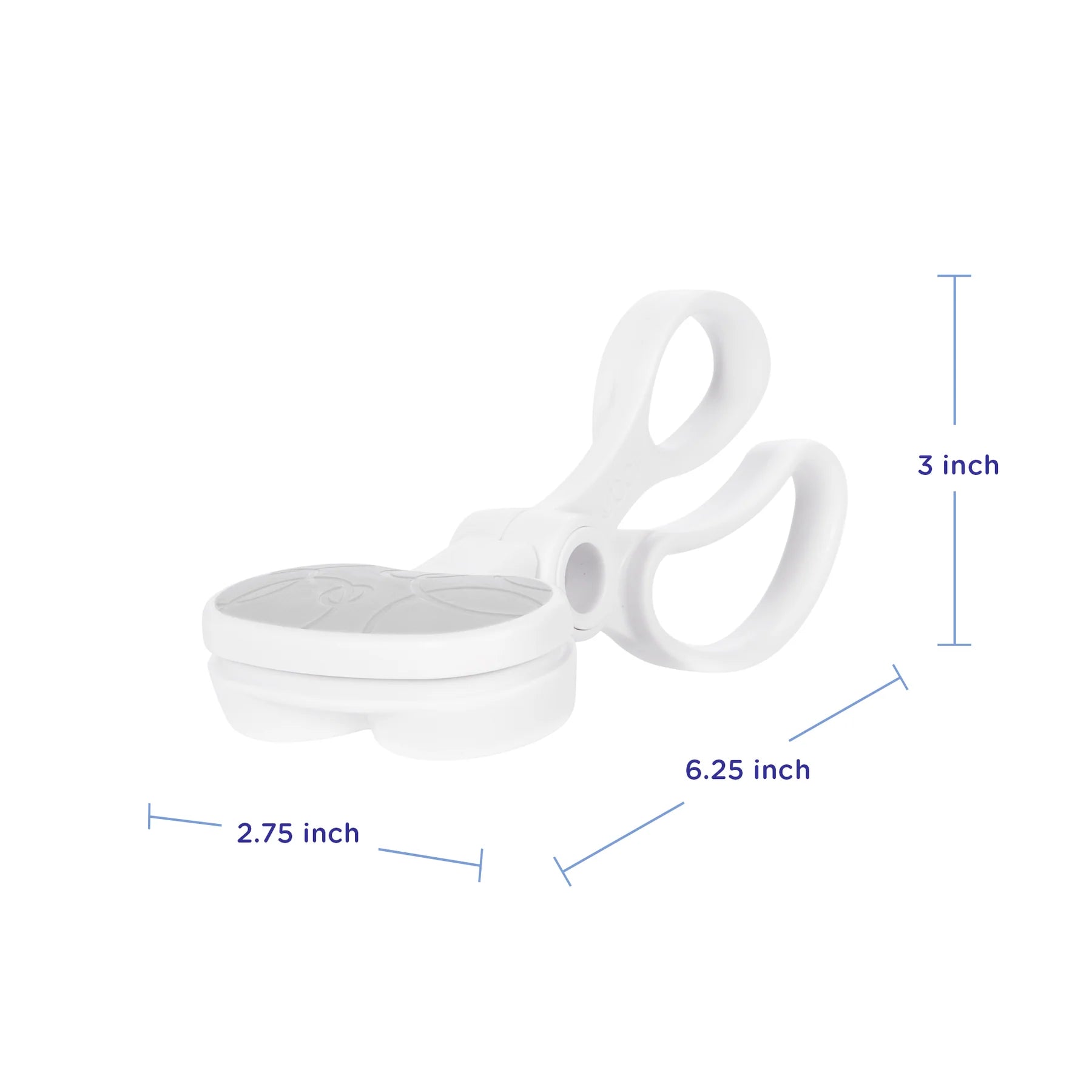 Pinza blanca UBBI, vista lateral, medidas en pulgadas