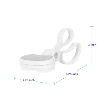 Pinza blanca UBBI, vista lateral, medidas en pulgadas