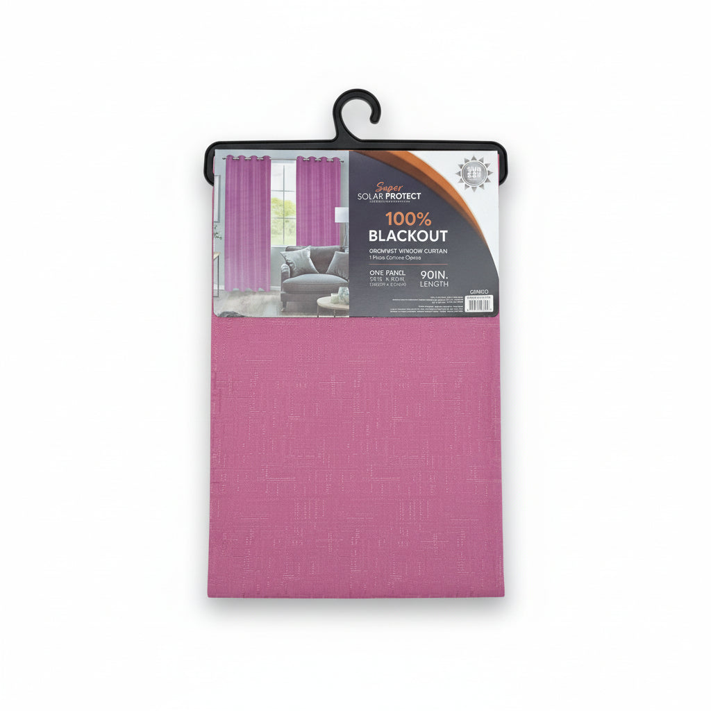 Cortina blackout rosa, vista frontal con etiqueta, adecuada para habitación