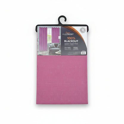 Cortina blackout rosa, vista frontal con etiqueta, adecuada para habitación