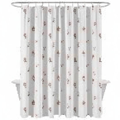 Cortina de baño blanca con flores, vista frontal en ambiente de baño.