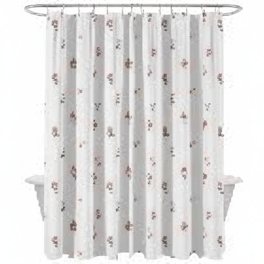 Cortina de baño blanca con flores, vista frontal en ambiente de baño.