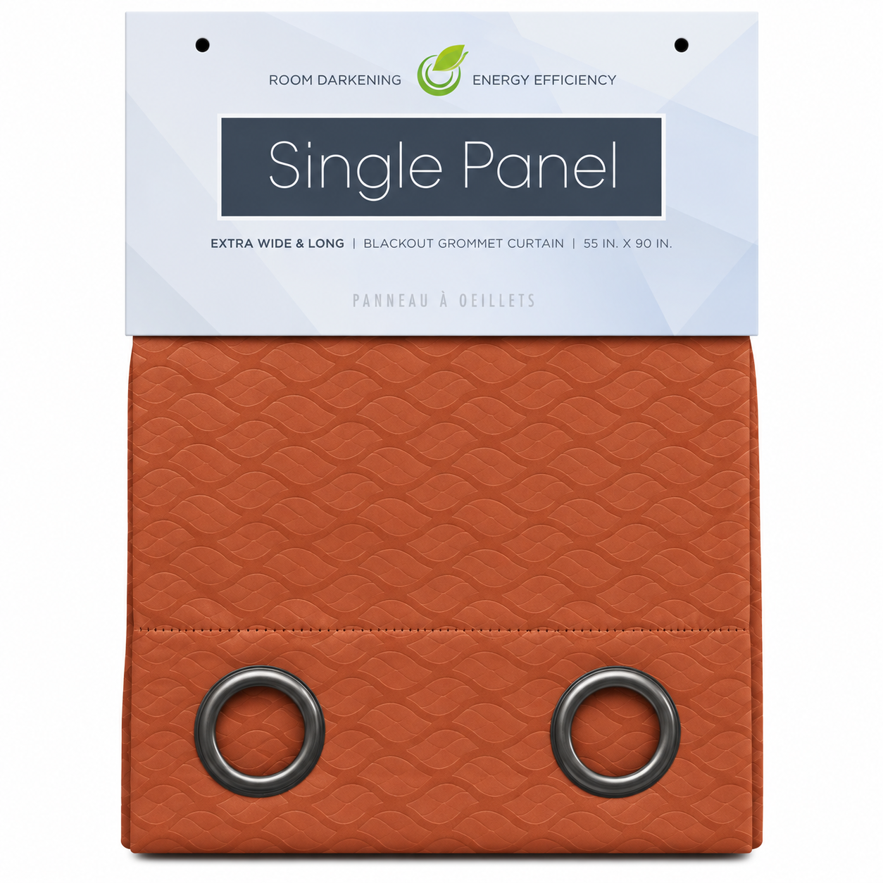 Cortina naranja panel único, vista frontal, diseño de ojetes para bloquear luz.