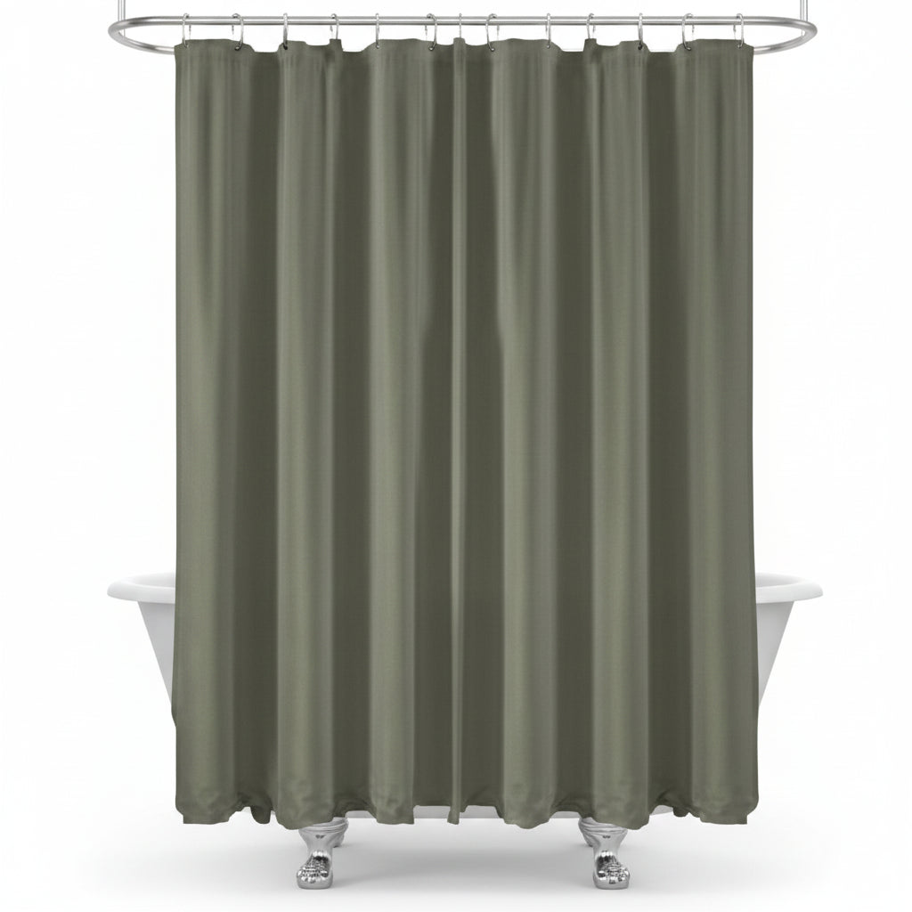 Cortina gris para baño, vista frontal, combinada con bañera blanca