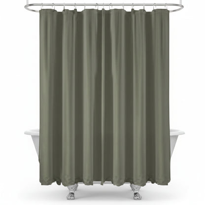 Cortina gris para baño, vista frontal, combinada con bañera blanca
