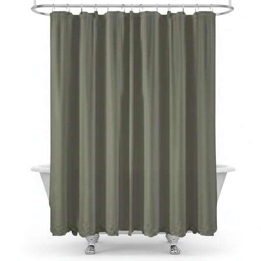 Cortina gris para baño, vista frontal, combinada con bañera blanca