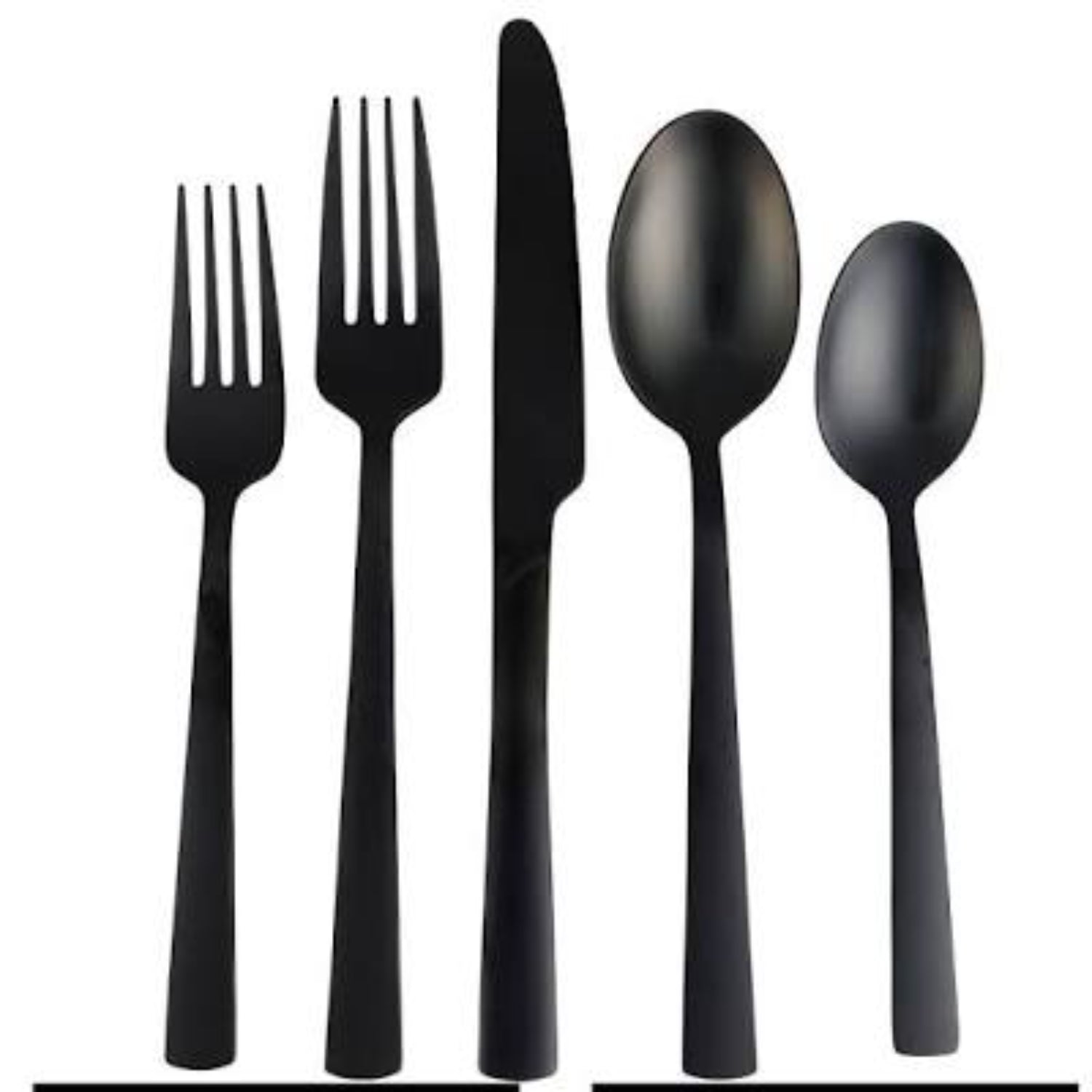 Cubiertos GIBSON HOME en negro, vista frontal, mesa elegante.