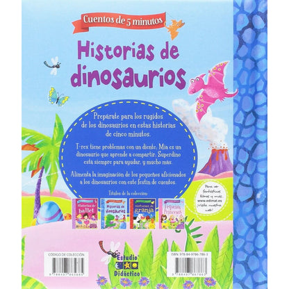 Cubierta del libro 'Historias de dinosaurios' con ilustraciones coloridas y título en español