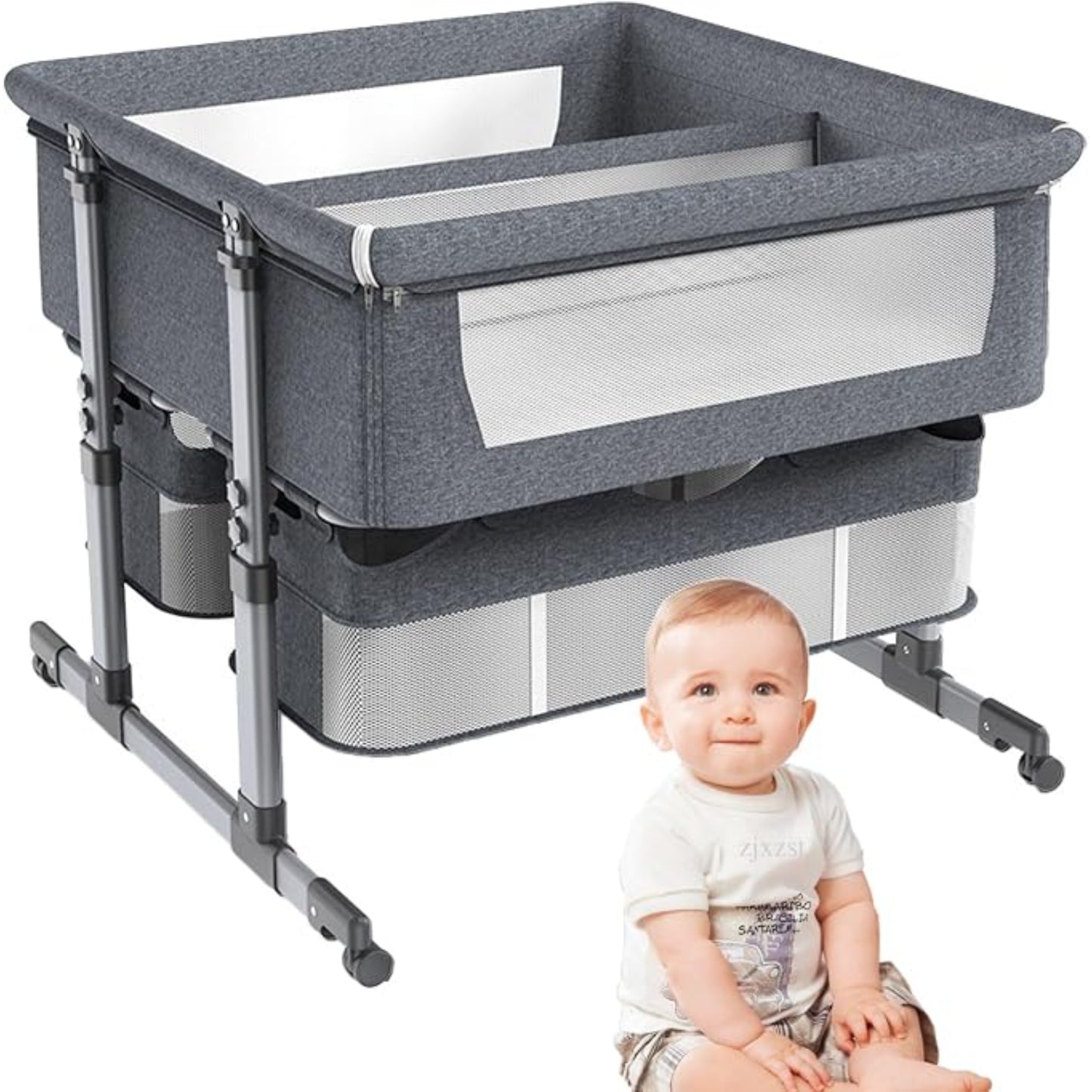 Cuna gris modelo LL030202, con almacenamiento y diseño para bebés