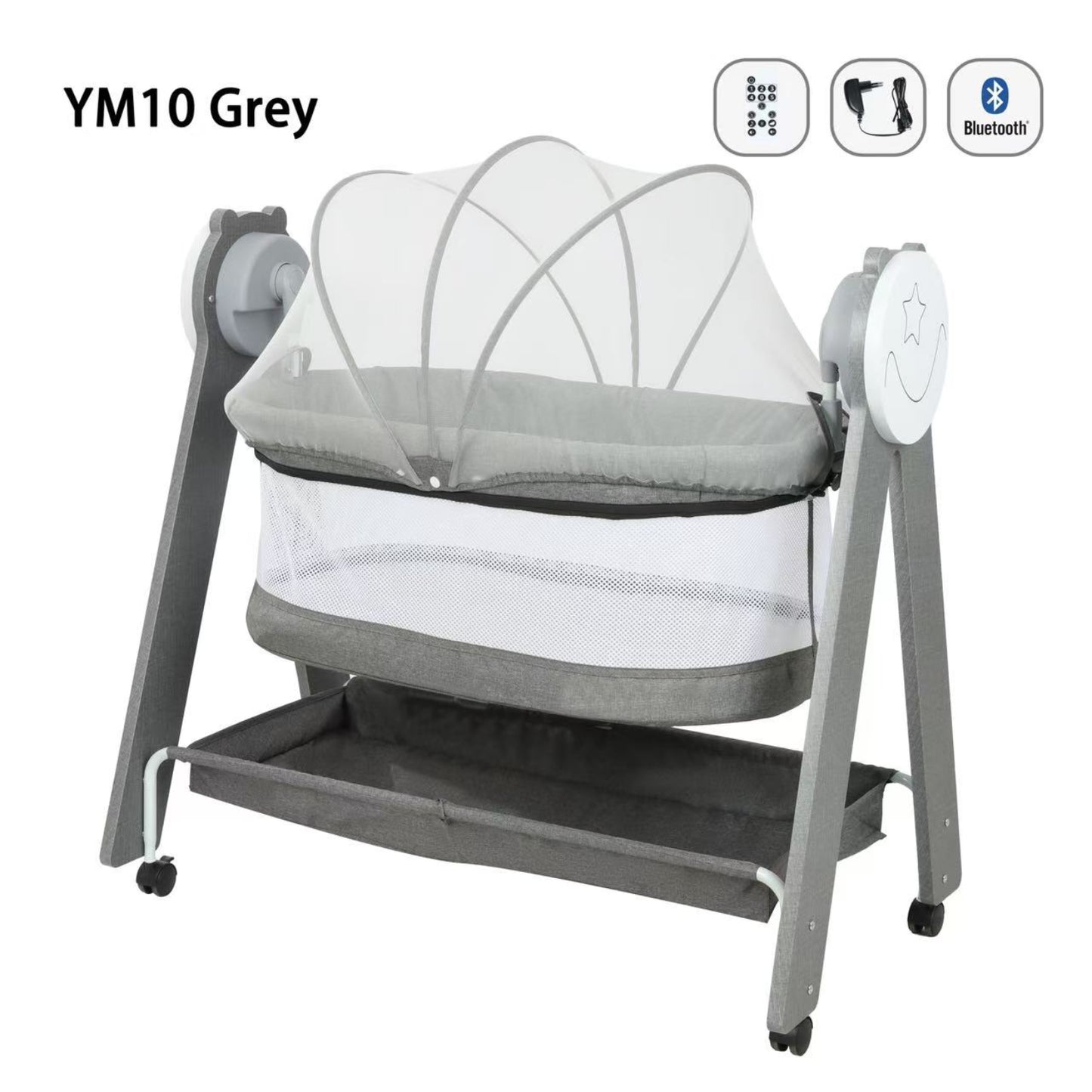 Cuna KIDILO modelo YM10 en gris con malla y sistema Bluetooth, vista lateral