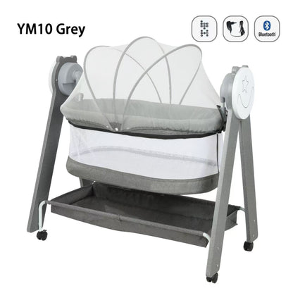 Cuna KIDILO modelo YM10 en gris con malla y sistema Bluetooth, vista lateral