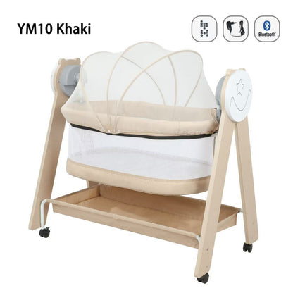 Cuna YM10 Khaki con estructura de madera y malla transpirante, ideal para bebés.