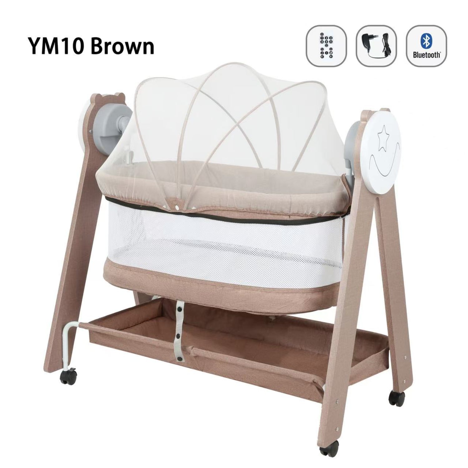 cuna marrón KIDILO modelo YM10, vista lateral con malla y ruedas