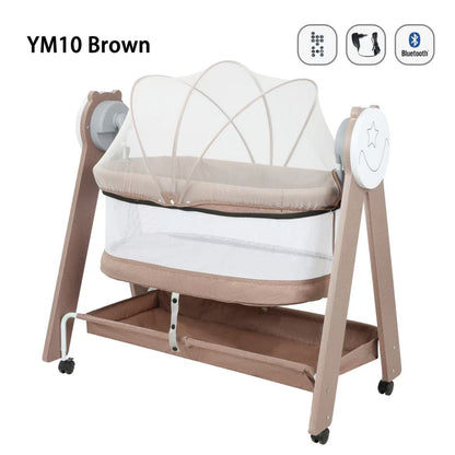 cuna marrón KIDILO modelo YM10, vista lateral con malla y ruedas