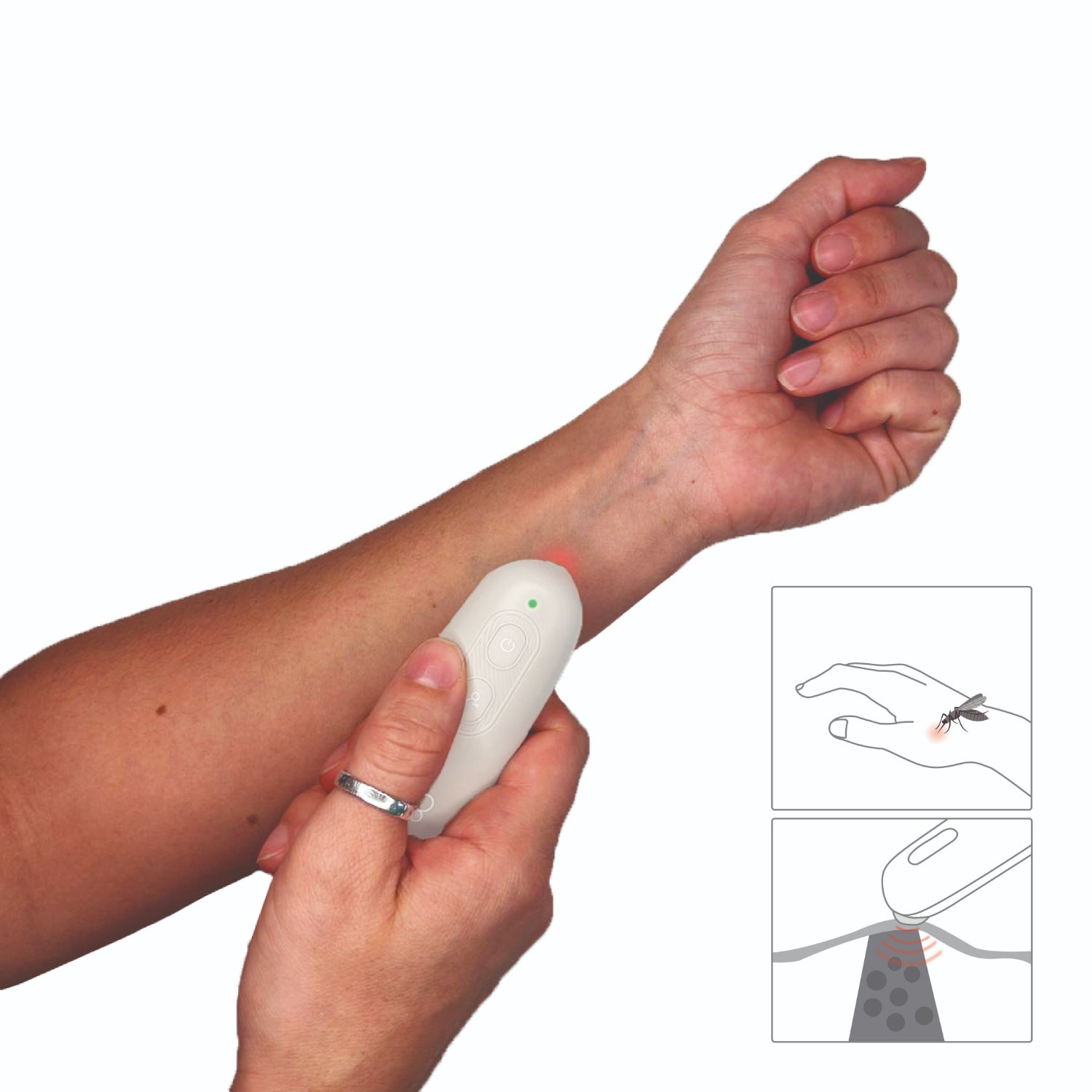 Curador BBLUV aplicador blanco en brazo, uso para picaduras de insectos