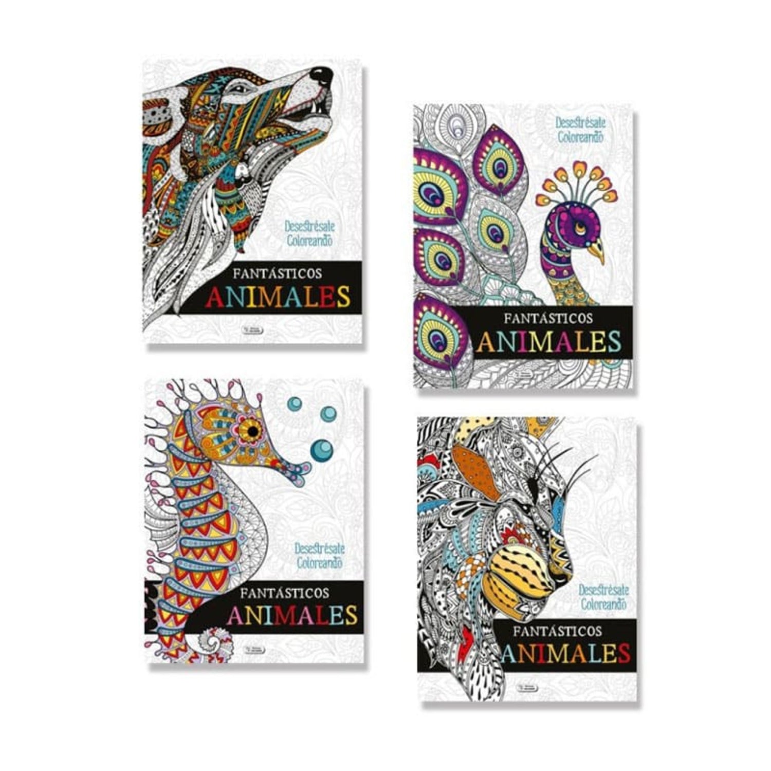 Dibujo para colorear animales, cuatro libros con diseños artísticos y creativos.