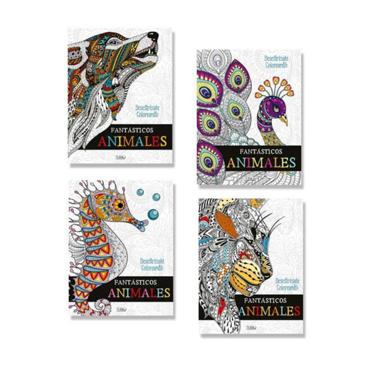 Dibujo para colorear animales, cuatro libros con diseños artísticos y creativos.