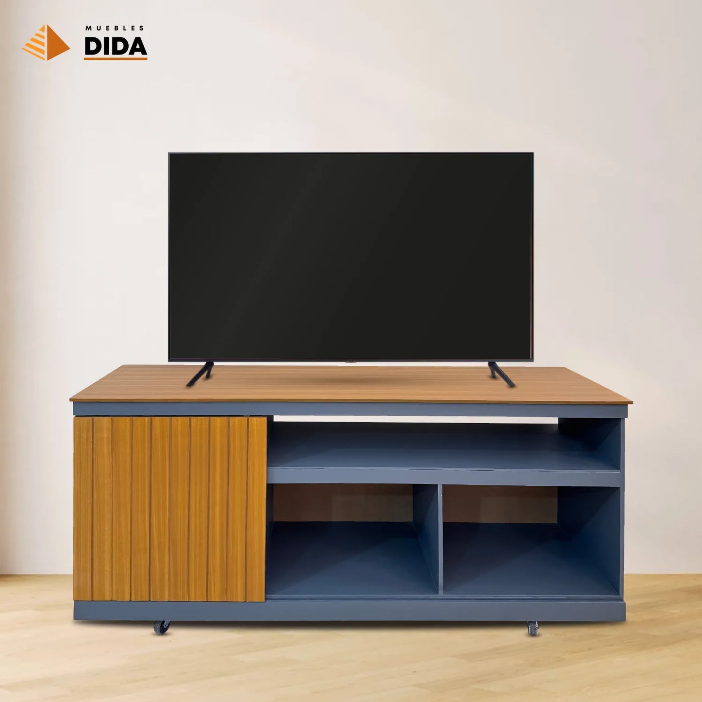 Rack para TV moderno 70 pulgadas de MUEBLES DIDA en combinación de madera y azul con espacio de almacenamiento