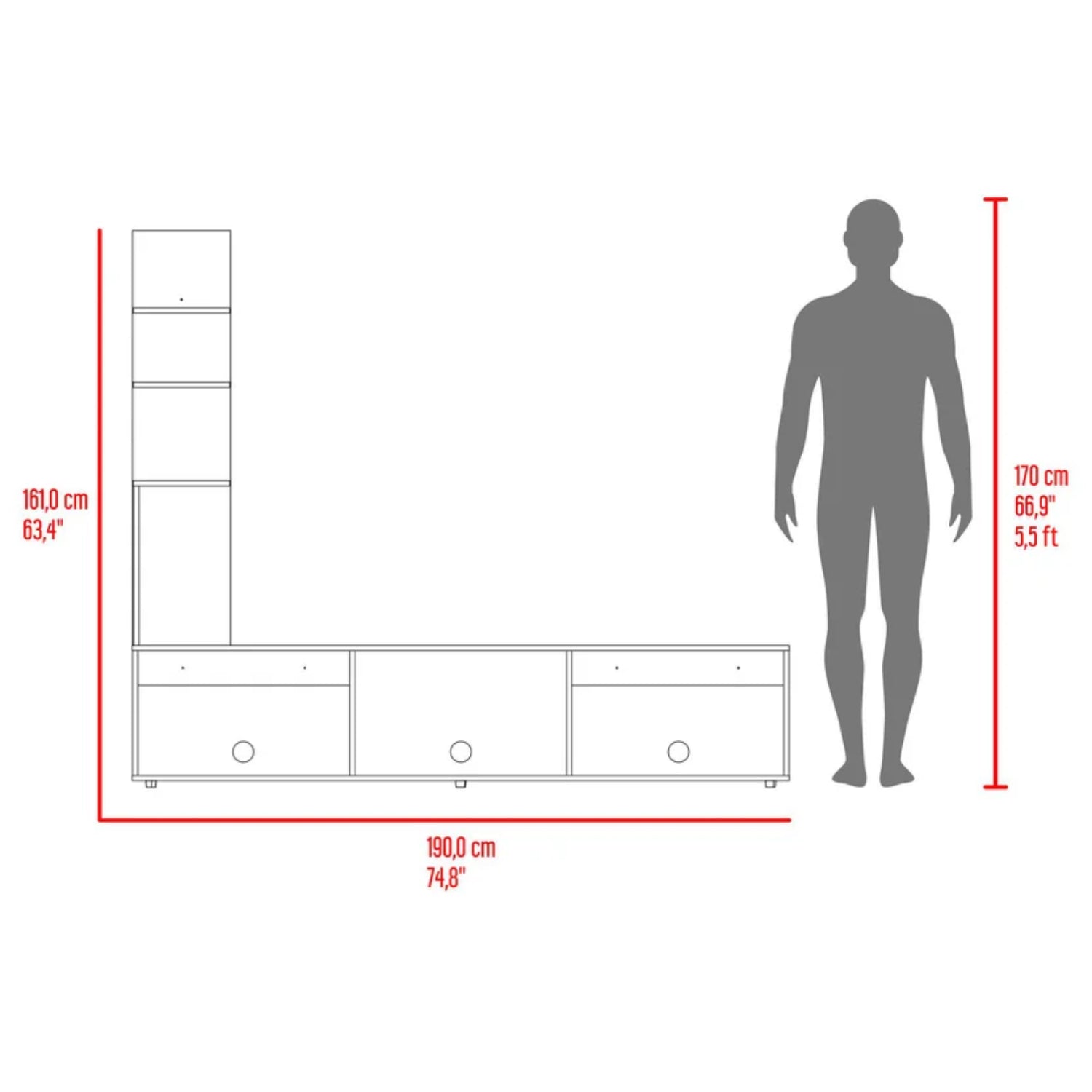 Mueble de centro blanco, moderno, vista lateral con dimensiones y espacio de almacenamiento
