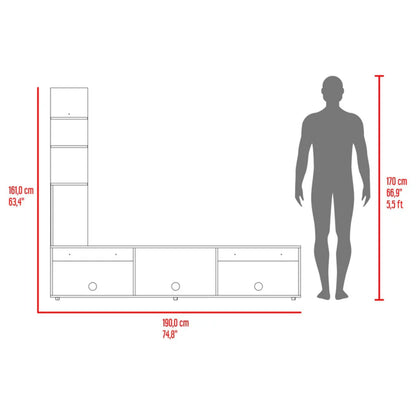 Mueble de centro blanco, moderno, vista lateral con dimensiones y espacio de almacenamiento