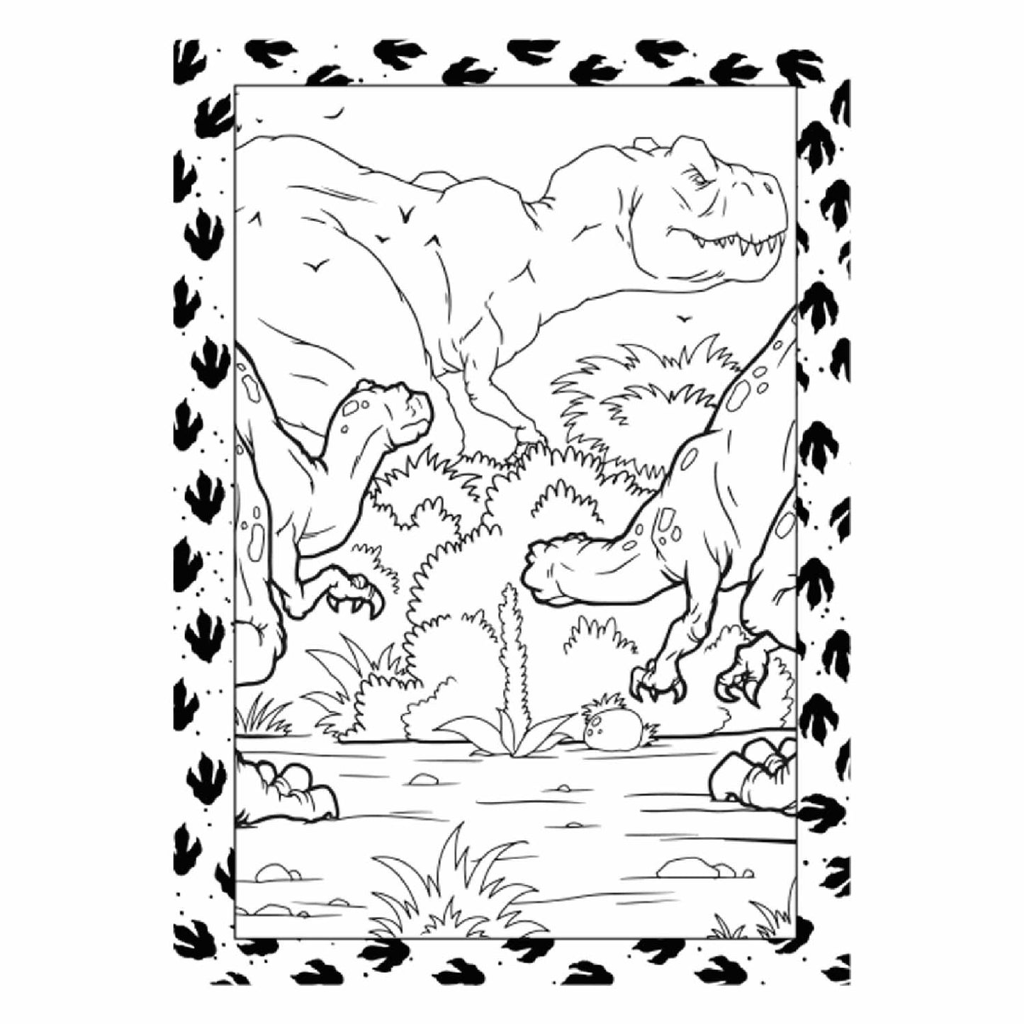Dibujo de dinosaurios en blanco y negro, paisaje natural con huellas de dinosaurios