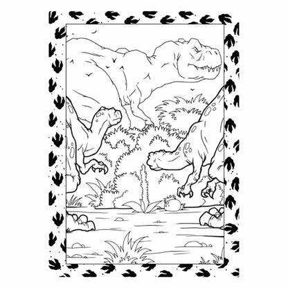 Dibujo de dinosaurios en blanco y negro, paisaje natural con huellas de dinosaurios