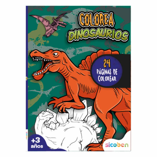 Libro para colorear dinosaurios, tapa con ilustración colorida y 24 páginas
