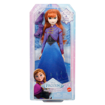 Muñeca de Ana de Frozen con vestido azul y morado, caja frontal
