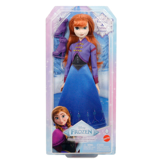 Muñeca de Ana de Frozen con vestido azul y morado, caja frontal