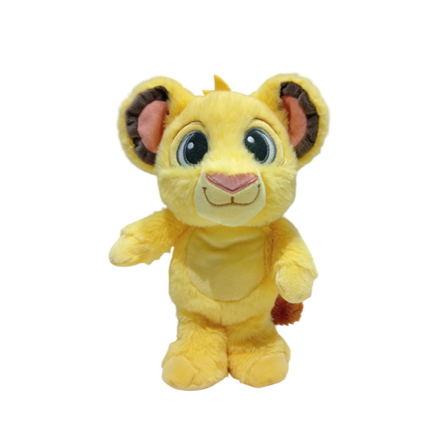 peluche de león amarillo Simba, vista frontal, juguete infantil