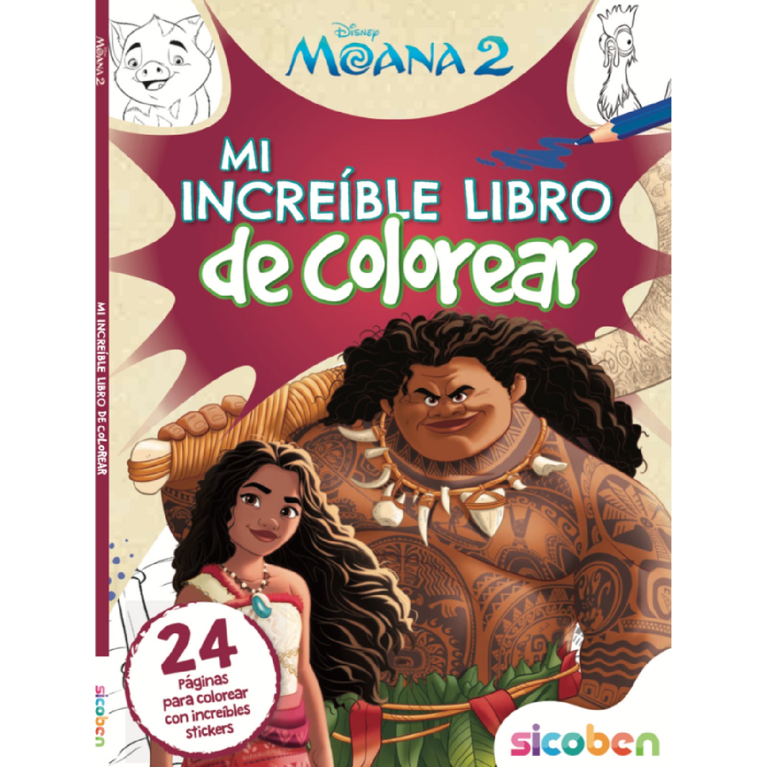 Libro de colorear Disney Moana 2, 24 páginas con stickers.