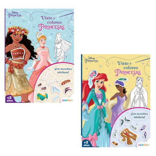 Libro de colorear princesas Disney, vista frontal con pegatinas, ideal para niños