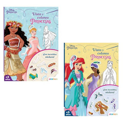 Libro de colorear princesas Disney, vista frontal con pegatinas, ideal para niños