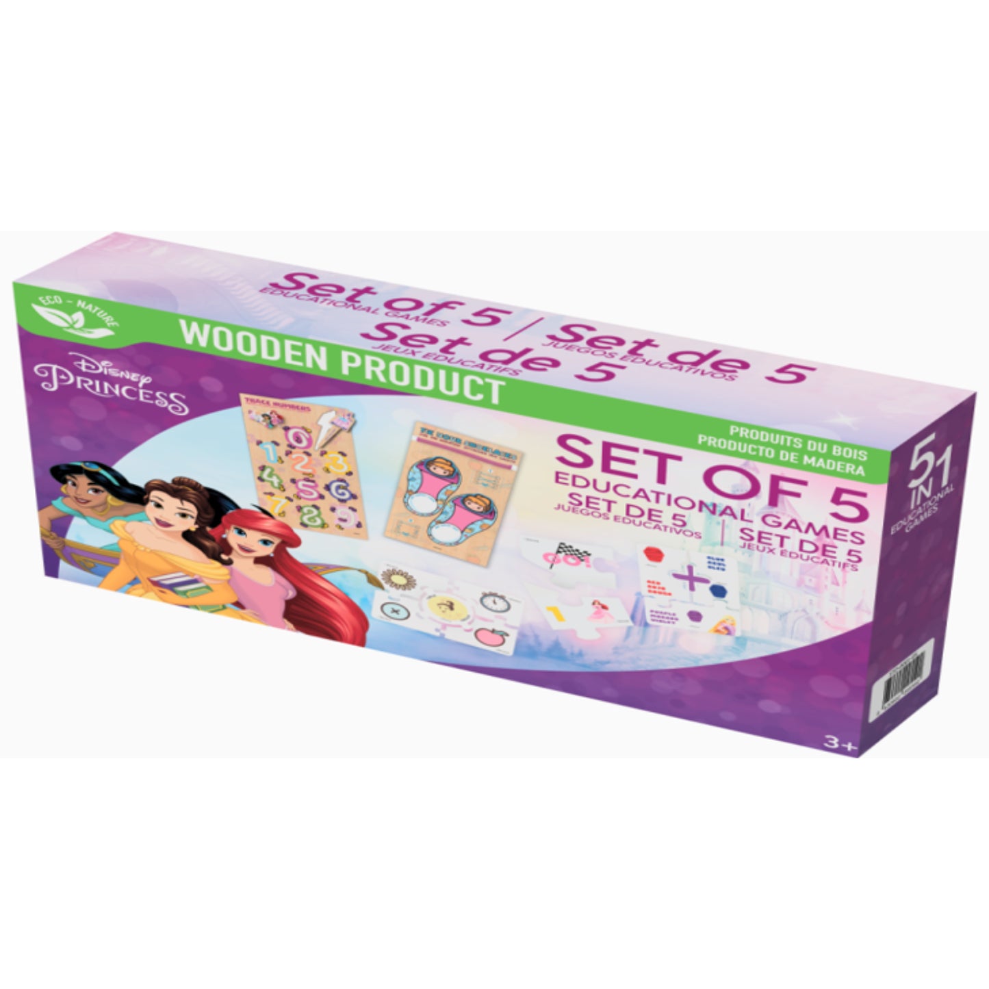 Juego educativo de madera Disney Princesas, caja con cinco juegos, colorido y divertido, ideal para niños.