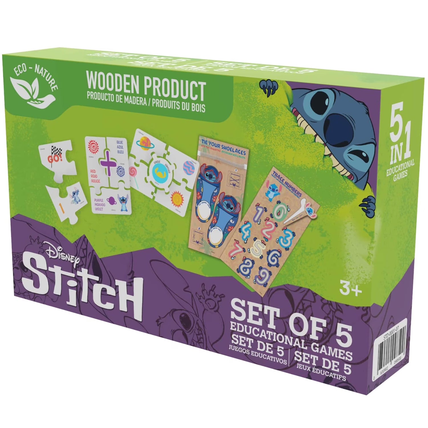 Juego educativo de madera Disney Stitch, cinco en uno, vista frontal de la caja