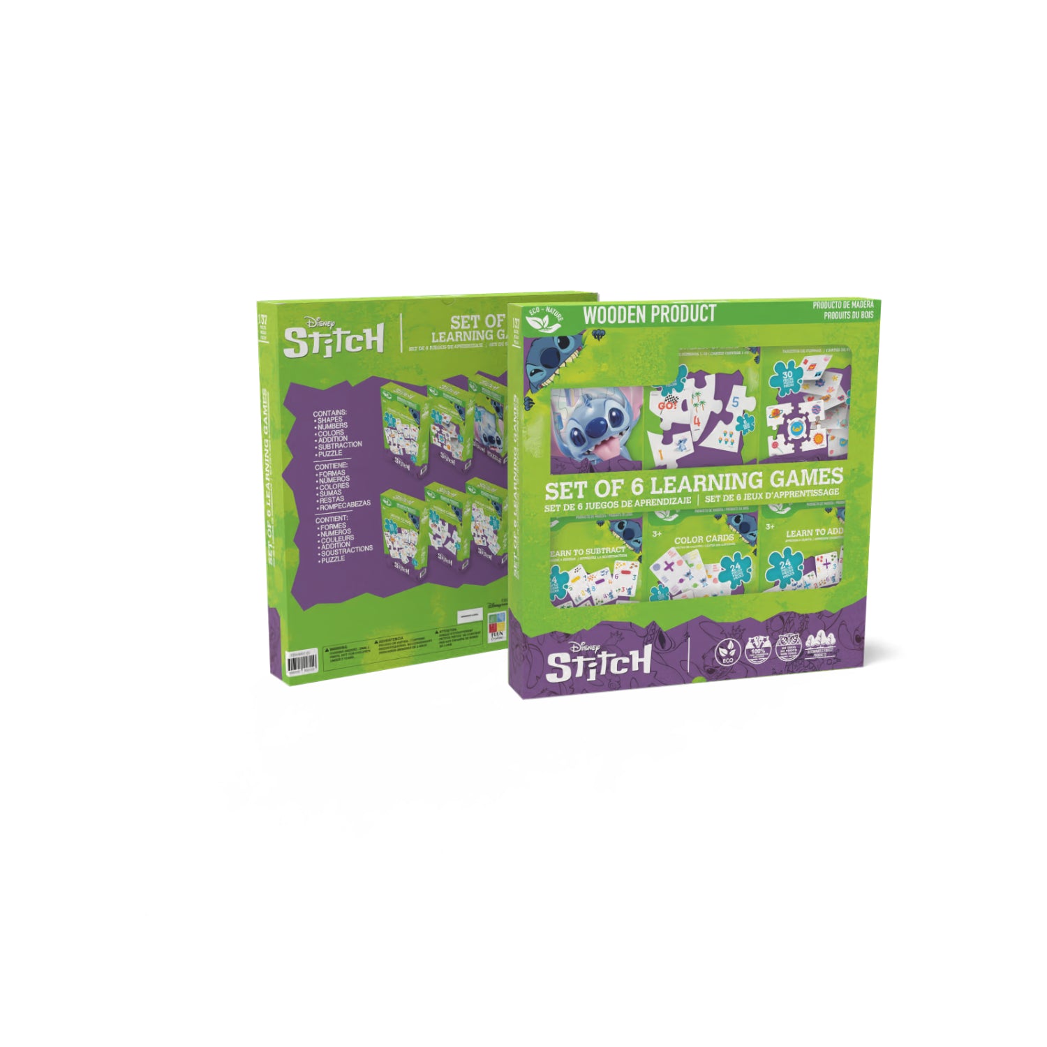 Juego de aprendizaje de madera Disney Stitch, seis juegos, vista frontal y trasera