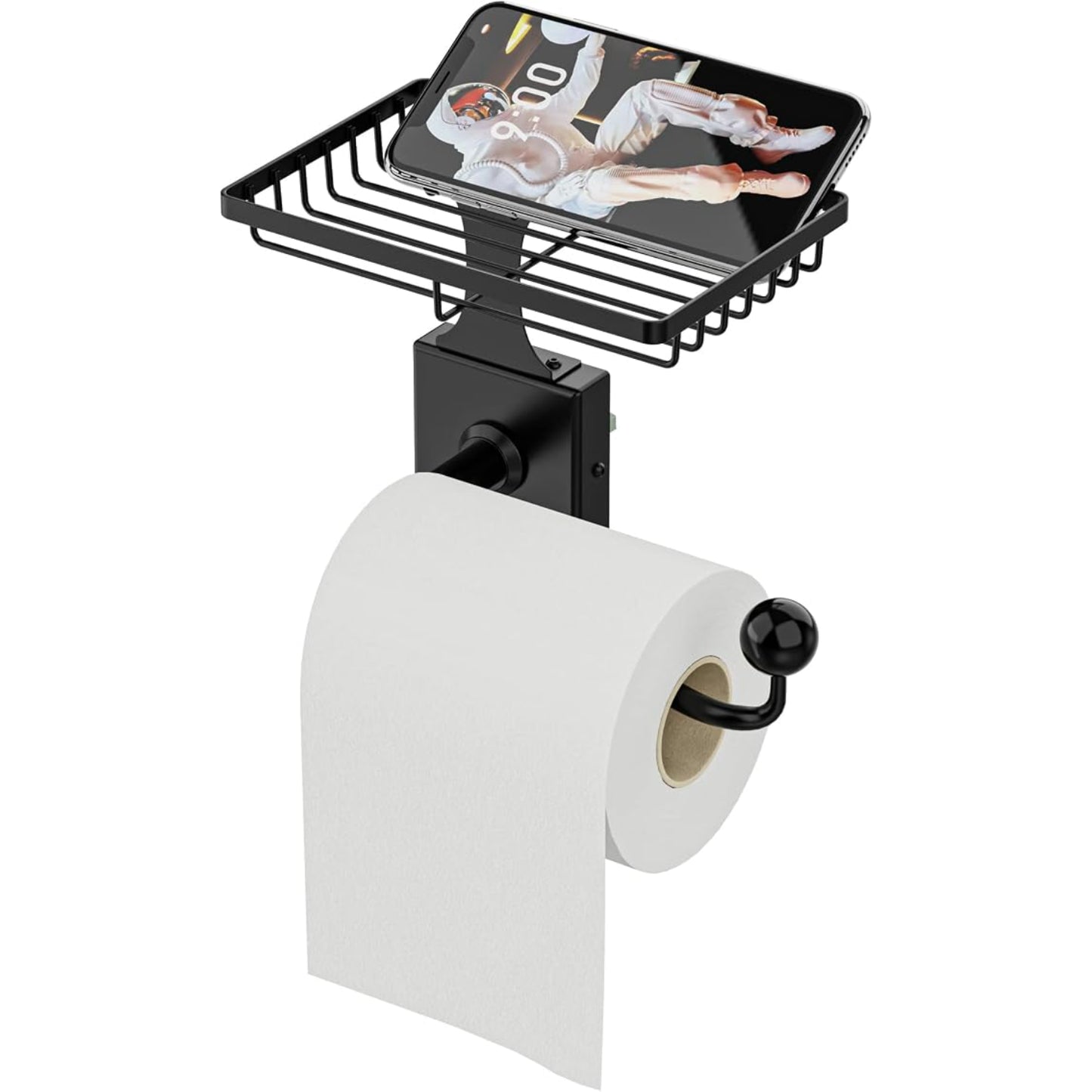 Dispensador negro de papel higiénico con soporte para teléfono móvil en baño